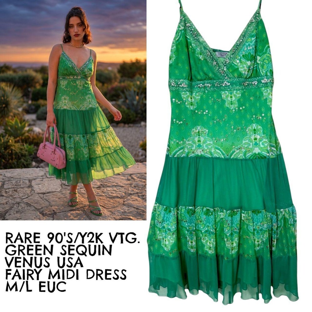 Rare Vintage Y2K Venus Green Sequin Fairy Midi Dress M/L EUC